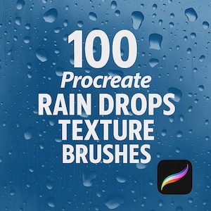 May include: A blue background with a white text overlay that reads "100 Procreate Rain Drops Texture Brushes". The background is covered in small, white water droplets.