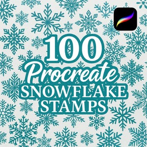 May include: An image featuring a collection of teal snowflake designs on a white background. The text reads "100 Procreate Snowflake Stamps" with the Procreate app icon in the upper right corner. The snowflakes vary in size and style.