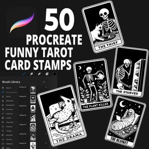 50 tampons de cartes de tarot procréer drôles avec humour squelette pour bandes dessinées, thèmes de sorcières et illustrations numériques amusantes