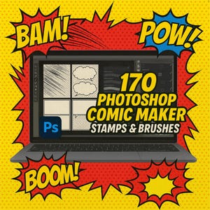 Puede incluir: Una pantalla de ordenador portátil que muestra una colección de 170 sellos y pinceles de Photoshop para hacer cómics. La pantalla está rodeada de burbujas de diálogo de estilo cómic de colores con las palabras "BAM!" "POW!" y "BOOM!"