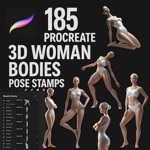 May include: 185 Procreate 3D Woman Bodies Pose Stamps. A digital illustration of a collection of 3D female body poses for use in the Procreate app.