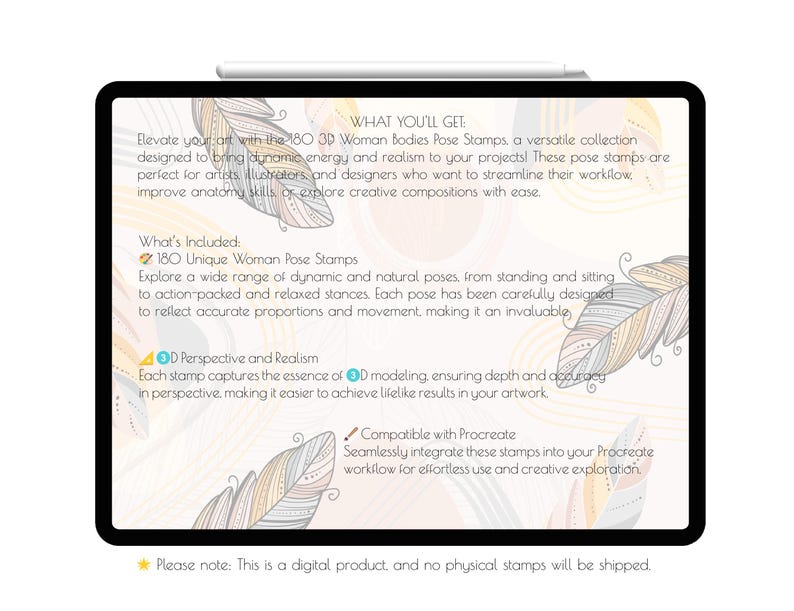 May include: A digital product listing for 180 3D Woman Bodies Pose Stamps. The image shows a tablet screen with text describing the product features, including a wide range of dynamic and natural poses, perspective and realism, and compatibility with Procreate.