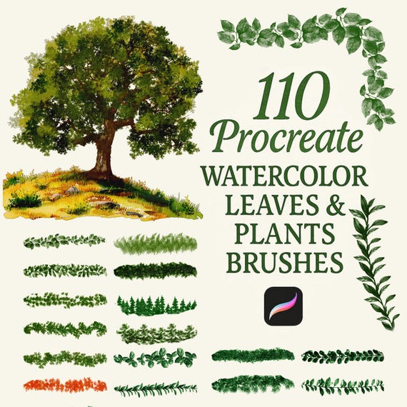 110 Watercolor Leaves and Plants Procreate Brushes, Nature Procreate, Watercolor Brushes, Plants Watercolor, Leaves Procreate ,Foliage Ipad