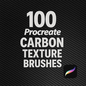 Puede incluir: 100 pinceles de textura de carbono Procreate. Un gráfico de texto blanco sobre un fondo negro de fibra de carbono. El logotipo de Procreate está en la esquina inferior derecha.