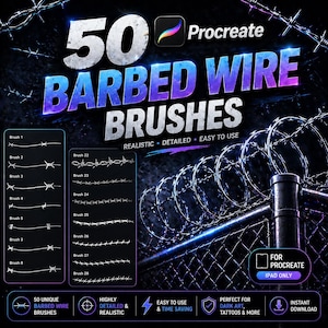 Könnte beinhalten: Digitale Kunstpinsel für Procreate mit 50 einzigartigen Stacheldrahtdesigns. Das Bild zeigt verschiedene Pinselstile, mit dem Text "Barbed Wire Brushes" in Blau und Lila. Enthält den Text "Realistic, Detailed, Easy to Use."
