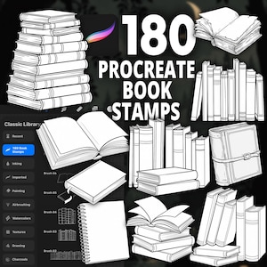 May include: A digital collection of 180 Procreate book stamps featuring various black and white line art illustrations of stacked books, open books, and individual volumes, displayed alongside a software interface menu.