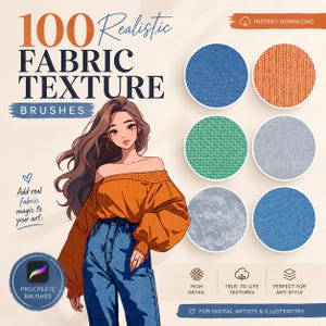 Puede incluir: Ilustración que promociona "100 Realistic Fabric Texture Brushes" para artistas digitales. La imagen presenta a una mujer con un suéter naranja y jeans, con muestras de tela y el texto "Añade magia de tela real a tu arte". Los pinceles Procreate son para artistas e ilustradores digitales.