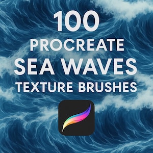 May include: 100 Procreate Sea Waves Texture Brushes. A digital illustration of blue ocean waves with white foam. The Procreate app icon is in the lower center of the image.