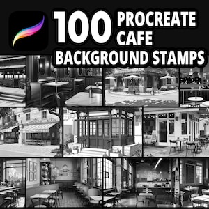 May include: A black and white digital art image showcasing 100 Procreate Cafe Background Stamps. The image features various cafe scenes, including outdoor seating, interior dining areas, and architectural details. The Procreate logo is visible in the upper left corner.