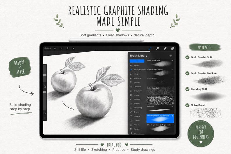 May include: A digital art tutorial on a tablet, showcasing graphite shading techniques. The screen displays a drawing of two apples with leaves, demonstrating shading steps. The text reads "Realistic Graphite Shading Made Simple" and "Perfect for Beginners."