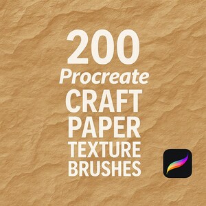 Peut inclure: Graphique d'art numérique sur fond brun texturé. Le texte blanc indique "200 Procreate CRAFT PAPER TEXTURE BRUSHES". Un petit carré noir avec un design incurvé coloré se trouve en bas à droite.