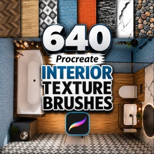 May include: A digital collection of 640 Procreate interior texture brushes featuring a top-down view of a bathroom with a white bathtub, wooden flooring, patterned tiles, and various wall textures including stone, brick, and marble patterns.