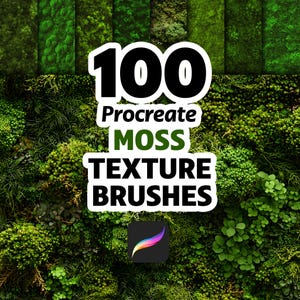 May include: An image showcasing a collection of 100 Procreate moss texture brushes. The image features a variety of green moss textures, with the text "100 Procreate Moss Texture Brushes" in a white and black design. The Procreate app logo is also visible.