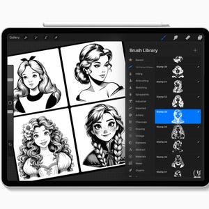 May include: A digital tablet shows a black and white illustration of four women with long hair. The tablet's screen displays a "Brush Library" with various stamp options. A stylus is attached to the top of the tablet.