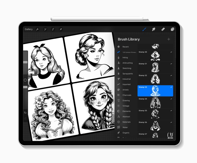 May include: A digital tablet shows a black and white illustration of four women with long hair. The tablet's screen displays a "Brush Library" with various stamp options. A stylus is attached to the top of the tablet.