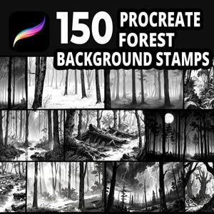 May include: A digital art product featuring 150 Procreate forest background stamps. The image showcases a grid of black and white illustrations of various forest scenes, including snowy landscapes, streams, and stormy skies. The Procreate app logo is in the upper left corner.