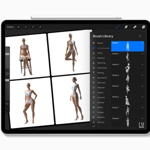 May include: A digital tablet screen displaying a gallery of images and a brush library with various categories and stamps. The gallery shows images of a female figure in different poses.