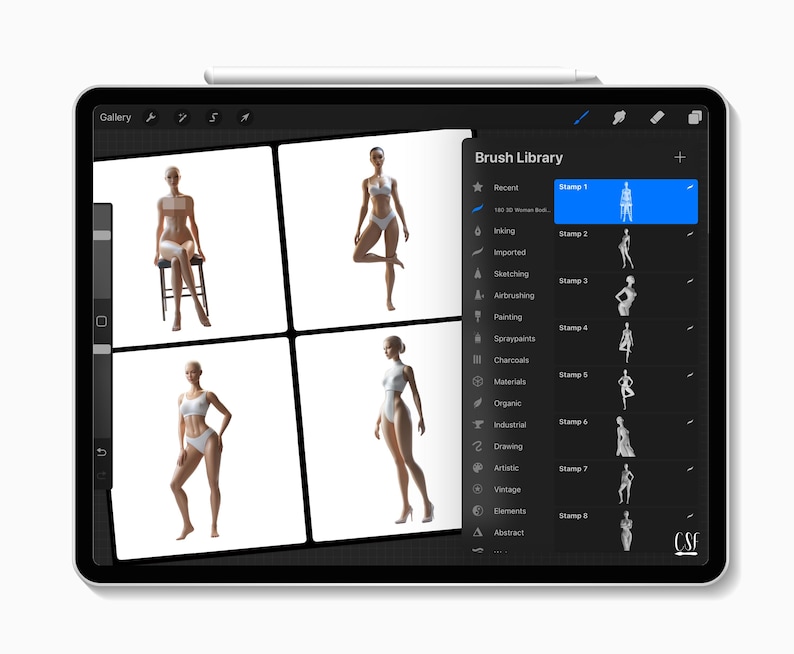 May include: A digital tablet screen displaying a gallery of images and a brush library with various categories and stamps. The gallery shows images of a female figure in different poses.