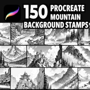 May include: A set of 150 Procreate mountain background stamps. The stamps feature a variety of mountain ranges, forests, and castles. The stamps are ideal for adding a touch of nature to your digital art.