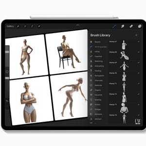 May include: A digital drawing app interface on an iPad with a stylus. The app has a gallery of images and a brush library with different categories of brushes. The brush library includes categories like recent, imported, sketching, artrushing, painting, spraypaints, charcoal, materials, organic, industrial, drawing, artistic, vintage, elements, and abstract.
