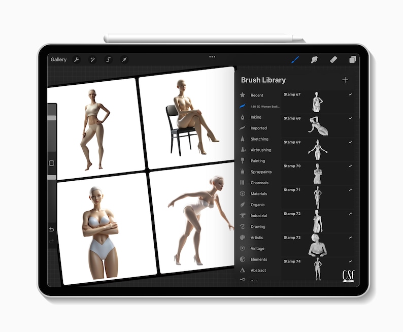 May include: A digital drawing app interface on an iPad with a stylus. The app has a gallery of images and a brush library with different categories of brushes. The brush library includes categories like recent, imported, sketching, artrushing, painting, spraypaints, charcoal, materials, organic, industrial, drawing, artistic, vintage, elements, and abstract.