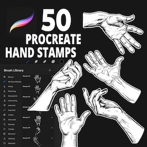 May include: Black background with white illustrations of hands in various poses. The text reads "50 PROCREATE HAND STAMPS" with the Procreate logo in the upper left corner. A brush library is shown on the left side.