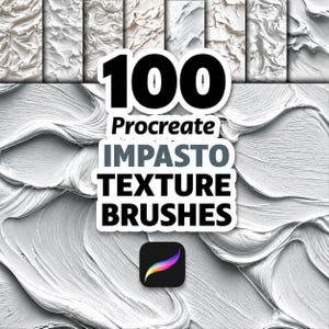Op de afbeelding: Een afbeelding met 100 Procreate Impasto Texture Brushes. De afbeelding toont verschillende witte, getextureerde penseelstreken en het Procreate app-pictogram. De tekst op de afbeelding luidt "100 Procreate Impasto Texture Brushes."