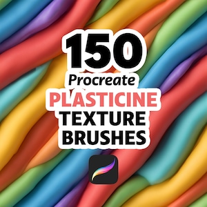 May include: A digital art graphic with a colorful background of blended plasticine textures. The image features the text "150 Procreate Plasticine Texture Brushes" in bold white and pink lettering, along with the Procreate app logo.