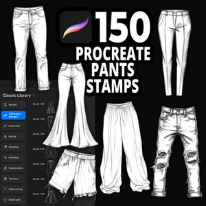 May include: Digital illustration of white trousers in different styles, such as jeans, flared trousers, and shorts. The image features the text "150 PROCREATE PANTS STAMPS" and a Procreate app logo, indicating digital art assets for the Procreate app.