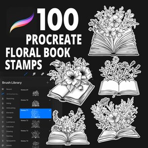 May include: A set of 100 Procreate floral book stamps. The stamps feature black and white illustrations of open books with floral arrangements on top. The stamps are designed for use in the Procreate app.