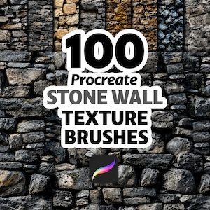 May include: An image showcasing a collection of 100 Procreate stone wall texture brushes. The image features a variety of stone wall textures in shades of gray, brown, and beige. The text overlay highlights the product's features and the Procreate app logo.