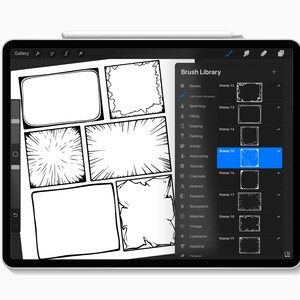 May include: A digital drawing app interface with a brush library and a selection of comic book style borders. The selected border is a black and white starburst effect.