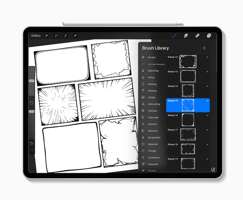 May include: A digital drawing app interface with a brush library and a selection of comic book style borders. The selected border is a black and white starburst effect.
