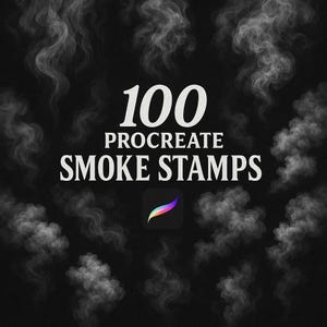 Puede incluir: 100 sellos de humo de Procreate. Una ilustración digital de un icono de pincel de Procreate sobre un fondo negro con formas de humo blancas.