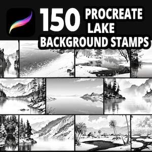 May include: A digital art product image featuring the Procreate app logo and the text "150 Procreate Lake Background Stamps." The image showcases a grid of grayscale lake landscape illustrations, including mountains, trees, and water reflections.