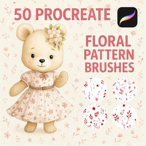 Op de afbeelding: 50 Procreate Floral Pattern Brushes. Een set digitale kwasten om bloemmotieven te maken. De kwasten worden getoond in gebruik op een witte achtergrond, waardoor vier verschillende patronen worden gecreëerd.