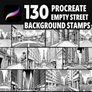 May include: A set of 130 black and white Procreate empty street background stamps. The stamps feature different perspectives of city streets with buildings, sidewalks, and streetlights.
