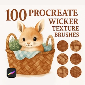 May include: 100 Procreate Wicker Texture Brushes. A set of digital brushes for use in the Procreate app. The brushes are designed to create a wicker texture. The image shows a cute cartoon bunny sitting in a wicker basket.