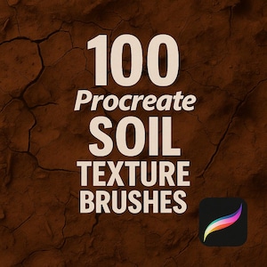 以下が含まれることがあります： 100 Procreate Soil Texture Brushes. 現実的な土のテクスチャを作成するためのデジタルアートブラシセット。画像は、白いテキストで茶色のひび割れた土の背景を示しています。