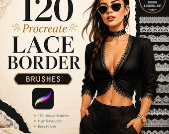 Realistic Lace Border Procreate Brushes, 120 Decorative Border Stamps for Digital Lingerie and Fashion