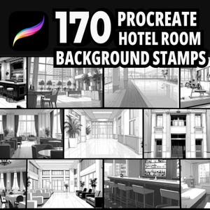Op de afbeelding: Een set van 170 Procreate hotelkamer achtergrond stempels. De stempels zijn zwart-wit en tonen verschillende hotelkamer interieurs, waaronder lobbies, gangen en slaapkamers.