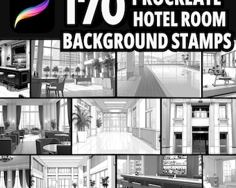 170 Procreate Hotelzimmer Hintergrundstempel, Hotelszenen-Ersteller, Comics-Hintergrund, Manga-Hintergrund, Hotelzimmer-Skizzen, Procreate-Empfang