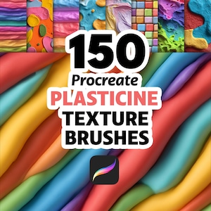 May include: A colourful image advertising 150 Procreate plasticine texture brushes. The image displays a vivid, abstract background with the text "150 Procreate Plasticine Texture Brushes" and the Procreate app logo.