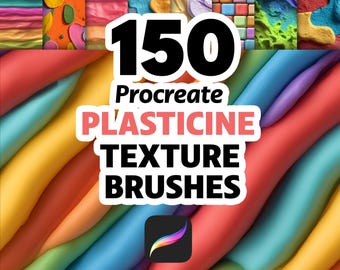 Könnte beinhalten: Werbebild für 150 Procreate-Plastilin-Texturpinsel. Das Bild zeigt einen farbenfrohen, abstrakten Hintergrund mit dem Text "150 Procreate Plasticine Texture Brushes" und dem Procreate App-Logo.
