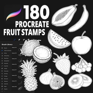 May include: Black and white illustration of various fruits, including papaya, banana, watermelon, apple, coconut, strawberry, figs, kiwi, and more. The text reads "180 PROCREATE FRUIT STAMPS" with a brush icon.