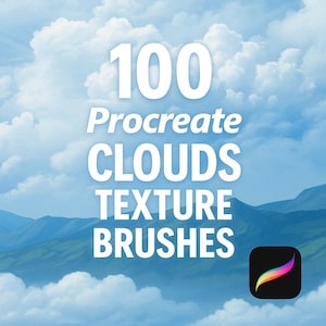 May include: A digital illustration of a blue sky with white clouds. The text "100 Procreate CLOUDS TEXTURE BRUSHES" is in white letters. A Procreate app icon is in the lower right corner.