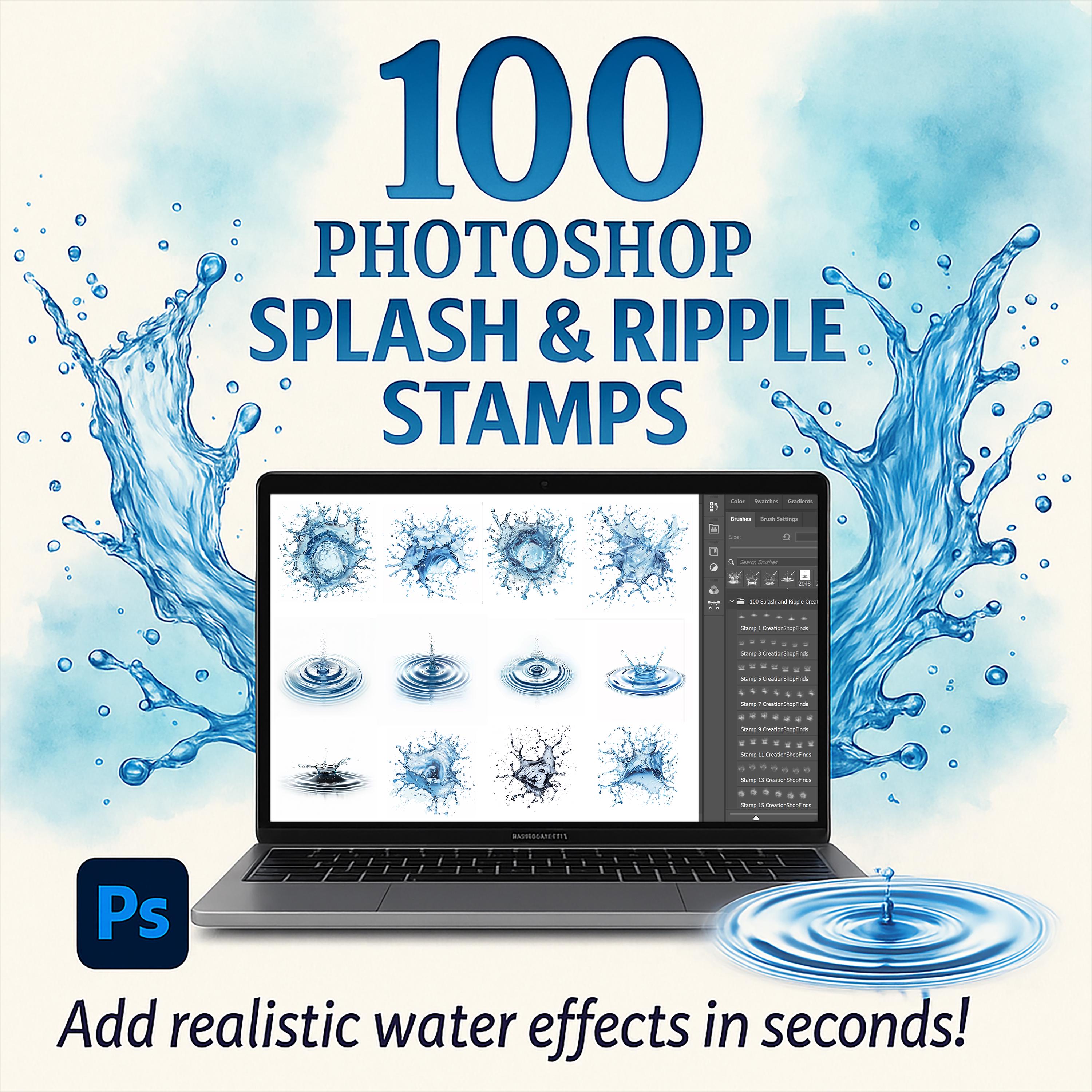 リアルな水の効果を生み出すPhotoshopのスプラッシュ＆リップルスタンプ100個、デザインやイラストに使える液体テクスチャブラシ
