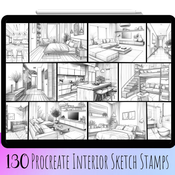 130 Procreate Interior Sketch Stamp Brushes, Procreate Room, Procreate Living, Procreate Bedroom, Procreate Bathroom, Procreate Kitchen