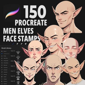 May include: A digital illustration of 150 Procreate stamps featuring men's elf faces. The stamps are designed for use in digital art and illustration.
