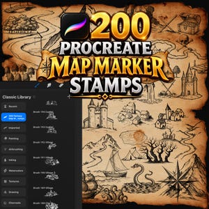 May include: A digital interface displaying 200 Procreate Map Marker Stamps, featuring a parchment-style background with black ink illustrations of castles, villages, ships, sea monsters, and a compass rose, alongside a Procreate brush library menu.